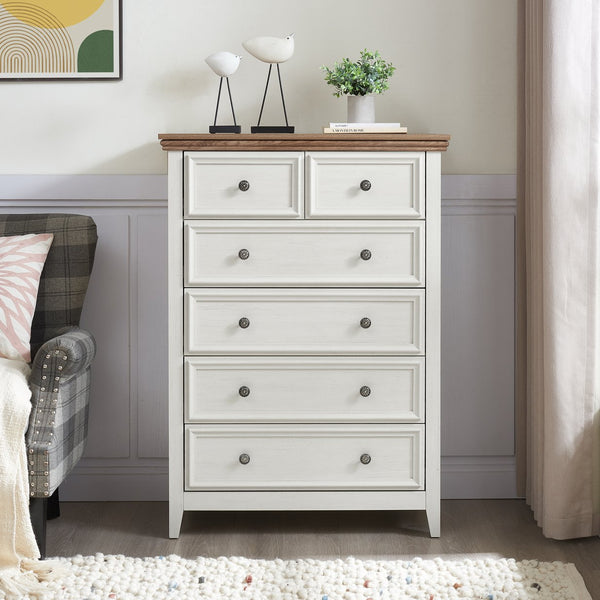 English Elm Modern 6-Drawer Chest Tall Dresser with Vintage Carved Handles, Silent Metal Rails, Stable Feet, Beige Elegance W2275P233490