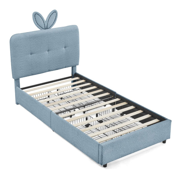 English Elm Twin Kids Boucle Upholstered Bed Rabbit Ear Headboard Led Lighting Four Storage Drawers Navy W1413P384922