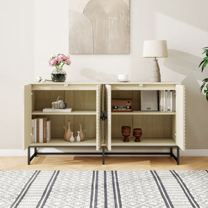 English Elm Carved Solid Wood Handle Sideboard Buffet Cabinet with Adjustable Shelves, Gold Metal Feet Stability W688P207303