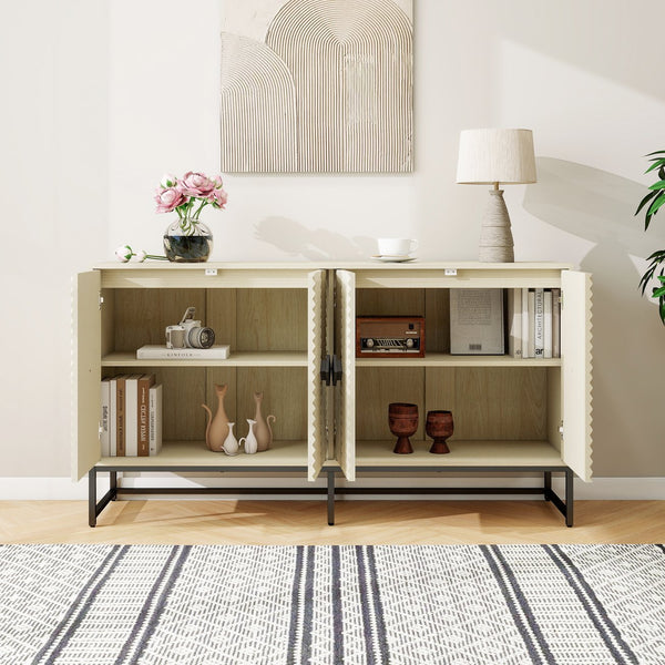 English Elm Carved Solid Wood Handle Sideboard Buffet Cabinet with Adjustable Shelves, Gold Metal Feet Stability W688P207303