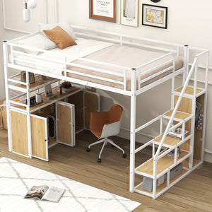 English Elm Full Size Metal Loft Bed with Desk, Storage Staircase, Wardrobe & Shelves — Space-Saving White GX002219AAK