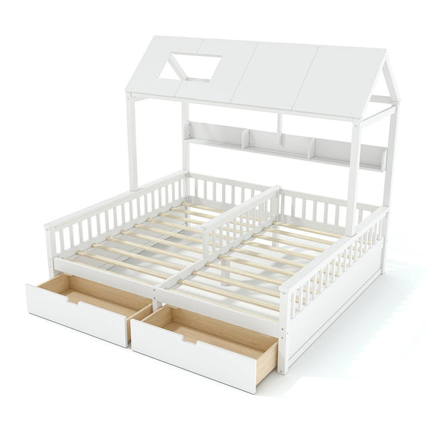 English Elm Double Twin House Bed Pine Wood Frame Kids Playhouse Bunk with Storage Drawers White W5305S00006