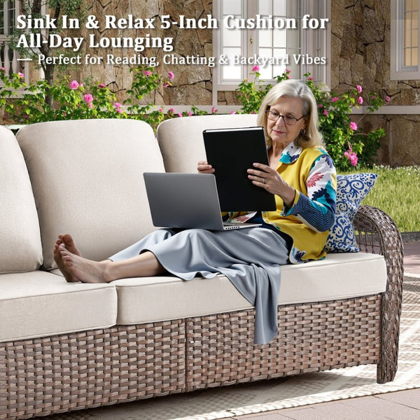 English Elm 75.2" Outdoor Pe Wicker Sofa Deep Seat T-back Cushions Porch Backyard Lounge T3773P418415
