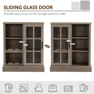 English Elm HOMCOM Rustic Wine Bar Cabinet with 6-Bottle Rack, Stemware Slots, Sliding Glass Door & Shelves W2225P217404