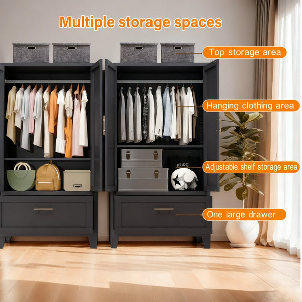English Elm 60" Powder-coated Steel Wardrobe with Hanging Rod Drawer and Shelf for Slim Spaces W3387P396209