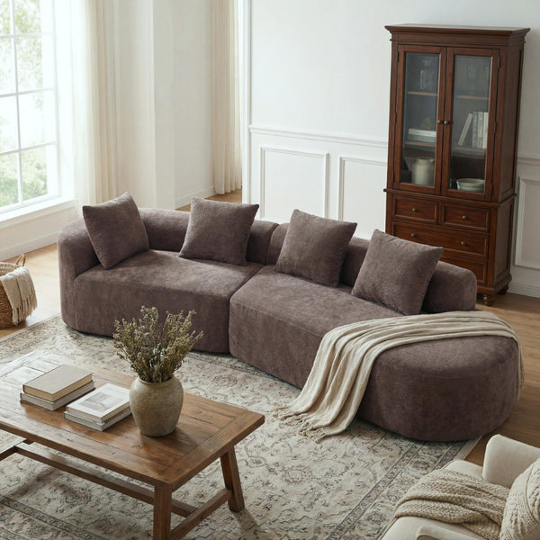 English Elm 116" Curved Sectional Sofa Pearl Fabric Chaise Frameless Sponge Contemporary Living Room Brown N767P388359B