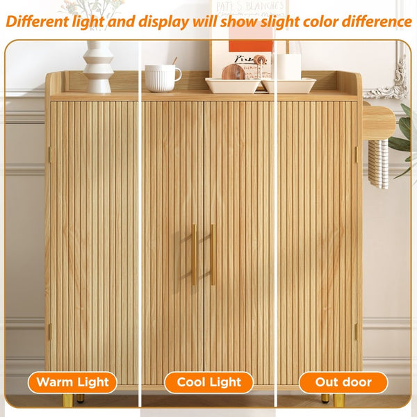 English Elm Modern Fluted Bar Cabinet with Wine Rack Glass Holders Adjustable Shelving and Hidden Drawer Natural N728P438606N