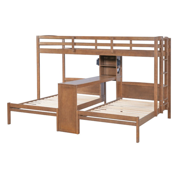 English Elm Twin Triple Bunk Bed with Built in Desk Open Shelving and Led Task Lighting Natural N7090002243N