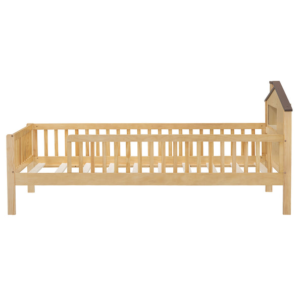 English Elm Twin House-Shaped Platform Bed with Built-In Storage, LED Accent Lighting and Rustic Pine Charm (95) Natural N709P184429M