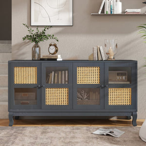English Elm Retro 4-Door Sideboard with Spacious Adjustable Shelves, Solid Wood Legs, Spray-Painted MDF Finish Antique Dark Grey,Rattan W2696P256247