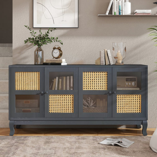 English Elm Retro 4-Door Sideboard with Spacious Adjustable Shelves, Solid Wood Legs, Spray-Painted MDF Finish Antique Dark Grey,Rattan W2696P256247