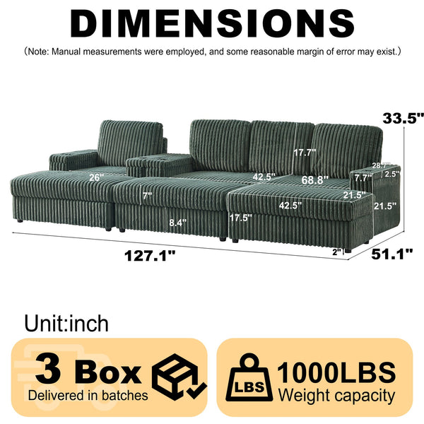 English Elm Corduroy minimalist coffee table conversion sofa set with cup grooves, recliner comfort and L-shaped layout for hosting Green W834S00549