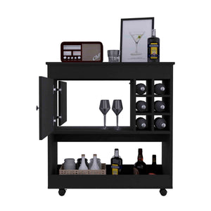 English Elm Camelia Elegant Bar Cart with Six Bottle Cubbies, Smooth Casters, Lower Shelf and Cabinet Storage Black 39.8 L x 23.6 W x 7.9 H B20092080
