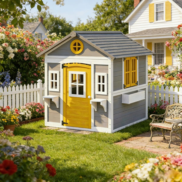 English Elm Backyard Fir Wood Kids Playhouse with Plant Boxes Retro Windows and Rain Resistant Roof T3971P491823