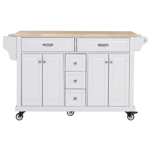 English Elm Kitchen Island durable rubberwood countertop kitchen cart on casters with towel rack, spice shelf, 5 drawers and adjustable shelving for organized meal prep and mobility White W914S00002