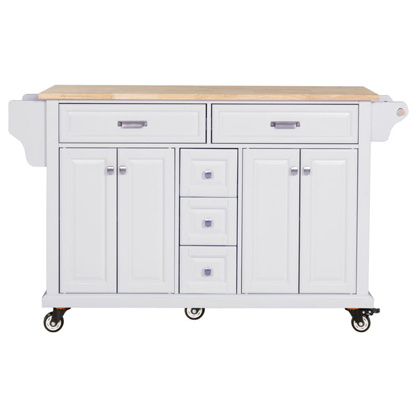 English Elm Kitchen Island durable rubberwood countertop kitchen cart on casters with towel rack, spice shelf, 5 drawers and adjustable shelving for organized meal prep and mobility White W914S00002