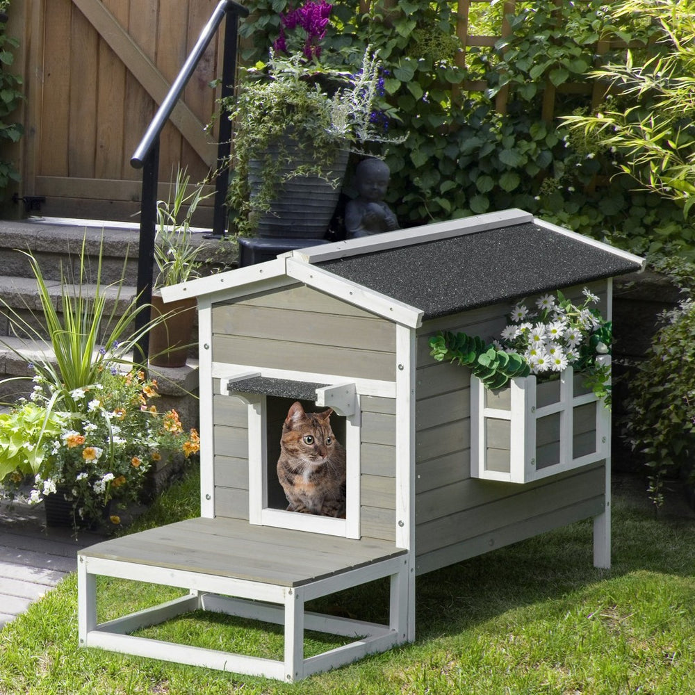 English Elm Pawhut Solid Wood Outdoor Cat House Two Story Shelter with Balcony Asphalt Roof W2225P173762