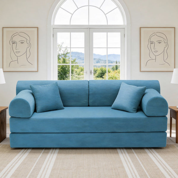 English Elm Convertible Corduroy Floor Sofa Folds Flat as Sleeper Daybed for Studio Living Sky Blue W5532P438822