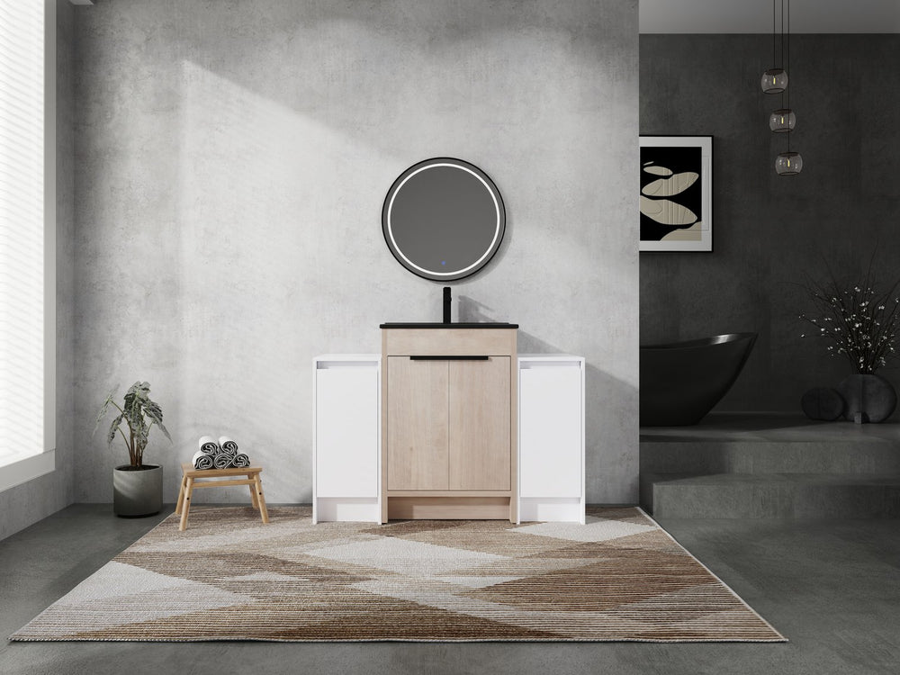 English Elm 48 Inch Freestanding Bathroom Vanity With Black Ceramic Sink, Soft-Close Doors & Ample Storage W999S00313