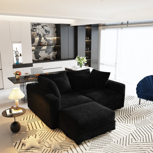 English Elm 102.4 Inch Plush Corduroy Cloud Sofa Deep Seat Four Person Convertible Lounge for Living Room Black W1885S00277