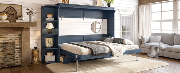English Elm Queen Murphy Wall Bed with Side Cabinets Open Shelving and Drawers for Studio Rooms Blue W1580S00453