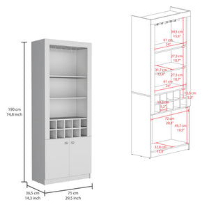 English Elm Nero 74-Inch Tall Bar Cabinet with 10-Bottle Cubbies, 16 Stemware Slots, 4 Shelves — White Modern Storage B070P188834