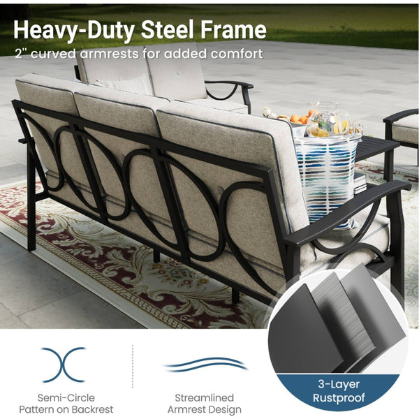 English Elm 5-piece Outdoor Conversation Set Steel Frame Patio Sofa Loveseat Chairs Table Grey+Black B082S00132