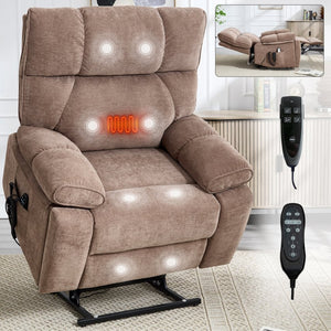 English Elm Beige Chenille Power Lift Recliner Dual Motor Massage Heat 350 Lb Capacity Brown W1803P264024