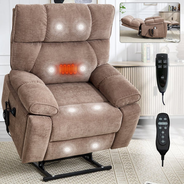 English Elm Beige Chenille Power Lift Recliner Dual Motor Massage Heat 350 Lb Capacity Brown W1803P264024