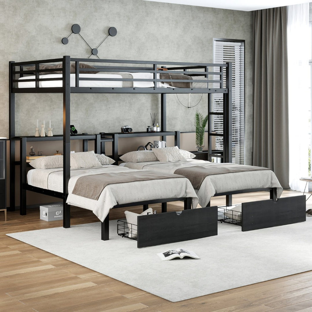 English Elm Twin Triple Bunk Bed Metal L-shaped Frame Sleeps Three Kids White Finish W1580S00480
