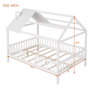English Elm Full Size White Pinewood Playhouse Bed with Roofline Chimney and Slatted Guard Rails LP000087AAK-1