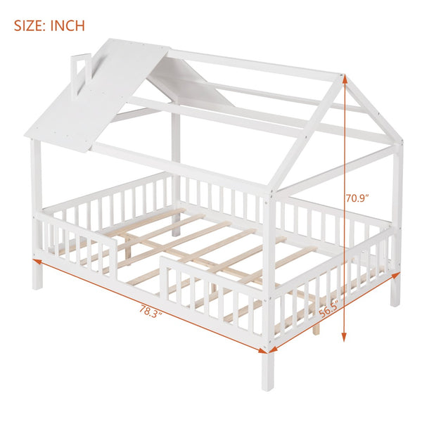 English Elm Full Size White Pinewood Playhouse Bed with Roofline Chimney and Slatted Guard Rails LP000087AAK-1