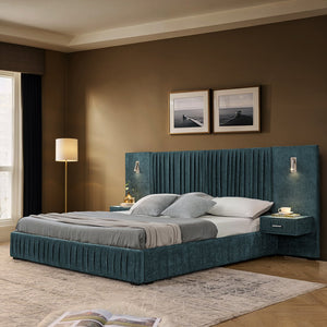 English Elm Queen Modern Upholstered Platform Bed with Pleated Chenille Headboard, Built-In Nightstand & Lamp Blue-Green W487S00400