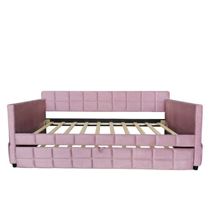 English Elm Modern Velvet Twin Daybed with Pull Out Trundle and Built in Armrest Storage Pockets Pink SF000200AAH