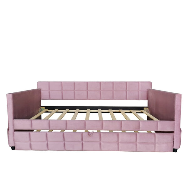 English Elm Modern Velvet Twin Daybed with Pull Out Trundle and Built in Armrest Storage Pockets Pink SF000200AAH