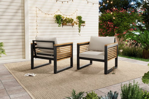 English Elm Outdoor Acacia Wood Arm Iron Pipe Patio Chair Set with Cushioned High Back N757S238856B