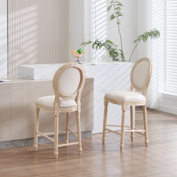 English Elm French Country 26'' Bar Chairs Set Of 2, Upholstered Comfort With Round Back, Vintage Elegance, Beige W3426P324574