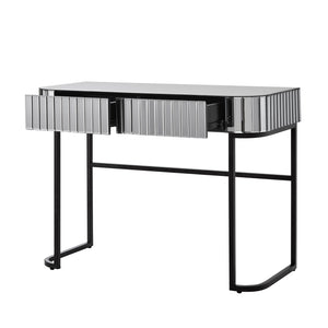 English Elm 39" Mirrored Vanity Table with Stainless Steel Base, 2 Drawers, Tempered Glass Top, 250lb Capacity, Gray Glam Desk N704P171796B