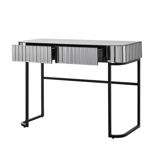 English Elm 39" Mirrored Vanity Table with Stainless Steel Base, 2 Drawers, Tempered Glass Top, 250lb Capacity, Gray Glam Desk N704P171796B