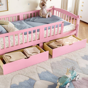 English Elm Twin Xl Kids Platform Bed Pine Wood Frame with Guardrails and Under Bed Storage Pink W1580P383112
