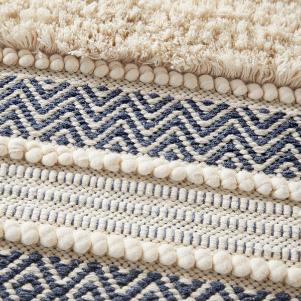 JLA Home INK+IVY - Bath Rug Hand-Woven Shaggy Taupe Geo Stripe Rug with Non-Skid Backing, Machine Washable Boho Chic Navy II72-1358