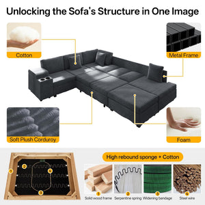 English Elm 110.2" Corduroy Sectional Sleeper Sofa with Ottoman Usb Ports Storage Armrests Living Room Dark Gray W3219S00012