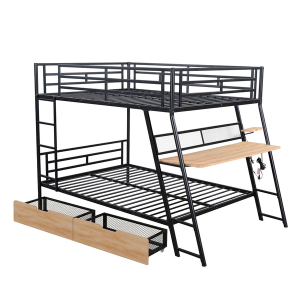 English Elm Full Full Size Metal Bunk Bed with Built-in Desk, Light, 2 Drawers, Shelves, Sturdy Space-Saver Black GX001517AAB