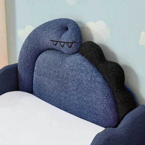 English Elm Twin Dinosaur Boucle Upholstered Kids Bed Solid Wood Frame with Padded Safety Rails Navy Blue W1413P384919