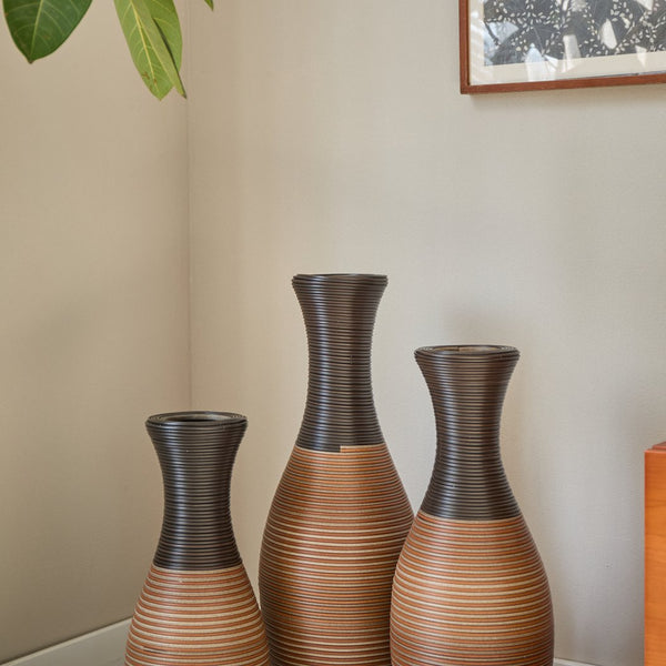 English Elm Set of 3 designer floor vases in Grey+Brown PVC, modern rattan-look tall decor for hallways & living rooms W2796P261496
