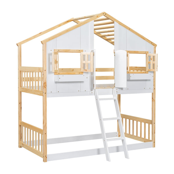 English Elm Twin House Bunk Bed with Roof, Window Box, Door, Guardrails & Ladder—Sturdy Pine Playful Design for Kids Natural+White W504S00147