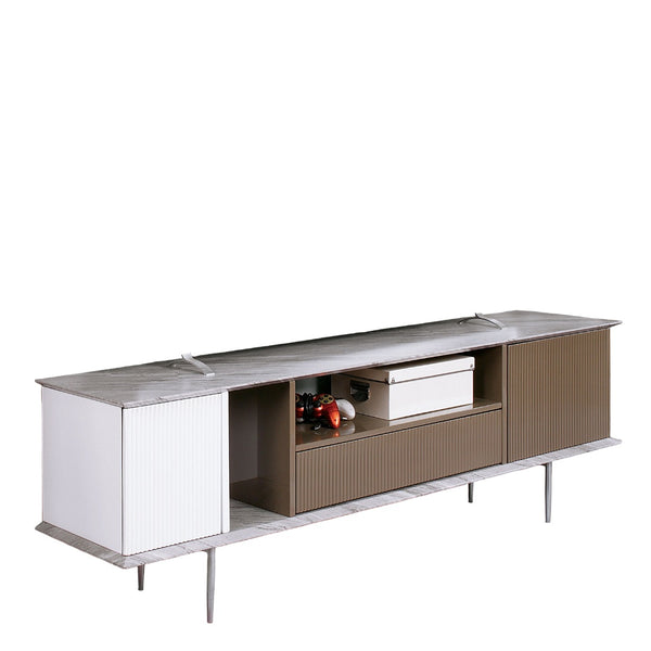 English Elm Modern Multi-Tone TV Console 70" with Open Shelves, Single Drawer, Replicated Marble Top, High-Gloss Finish B2741P361880