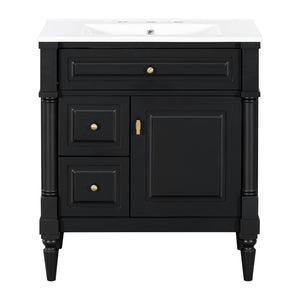 English Elm 30" Freestanding Bathroom Vanity Rubberwood Frame Ceramic Sink Flip Drawer Storage Black N725P356062B