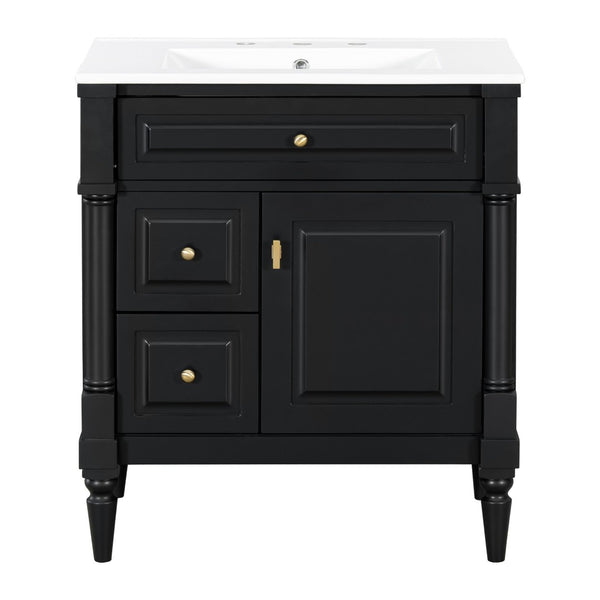 English Elm 30" Freestanding Bathroom Vanity Rubberwood Frame Ceramic Sink Flip Drawer Storage Black N725P356062B