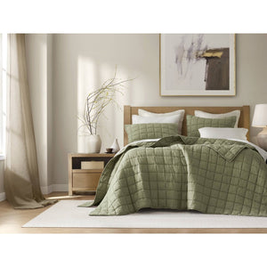 English Elm 3-piece French Linen Quilt Set King Garment Washed Box Stitch Breathable Bedding Olive Green B035P408302